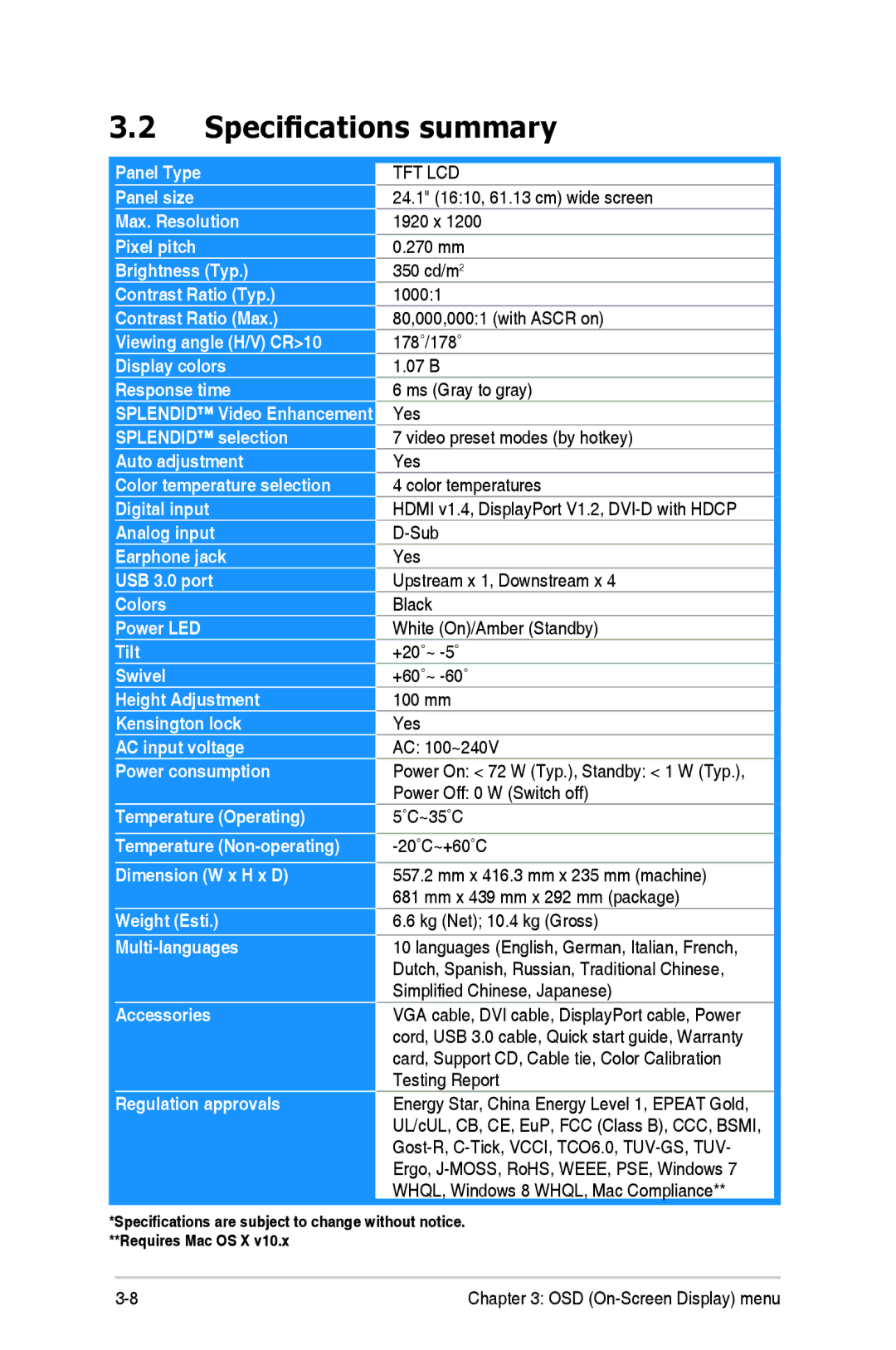 Asus 84WS70MS manual Specifications summary, Tft Lcd 