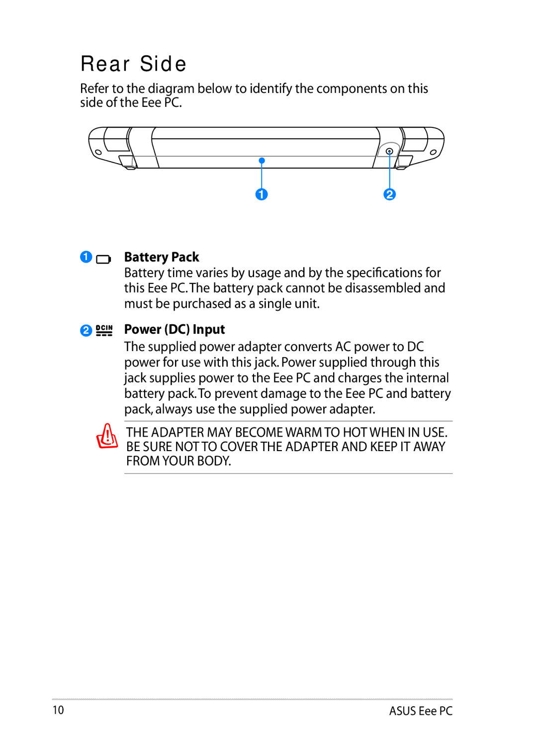 Asus 900AX user manual Rear Side, Power DC Input 