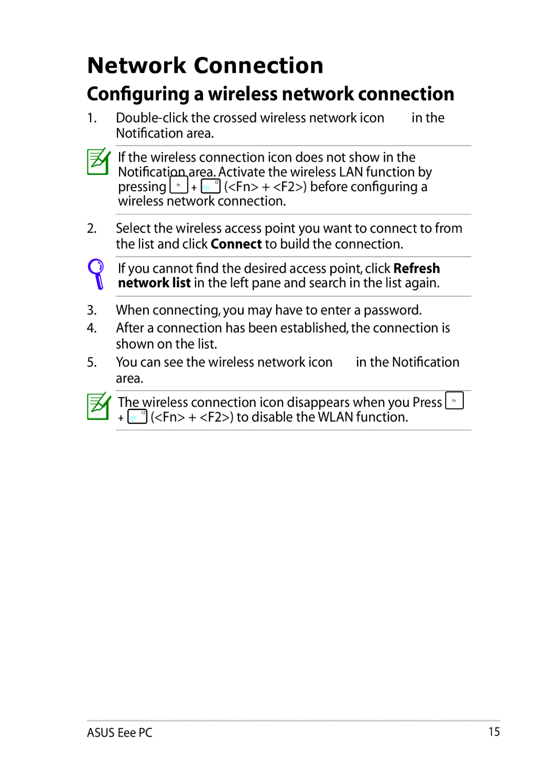 Asus 900AX user manual Network Connection, Configuring a wireless network connection 