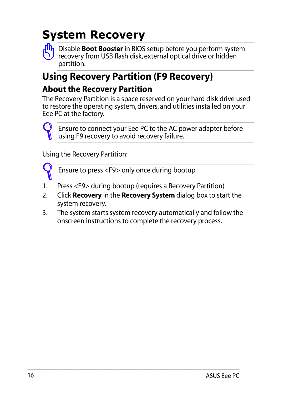 Asus 900AX user manual System Recovery, Using Recovery Partition F9 Recovery 