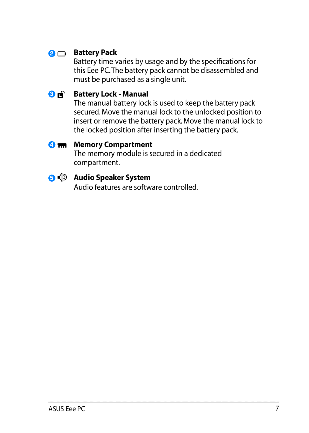 Asus 900AX user manual Battery Pack, Battery Lock Manual, Memory Compartment, Audio Speaker System 