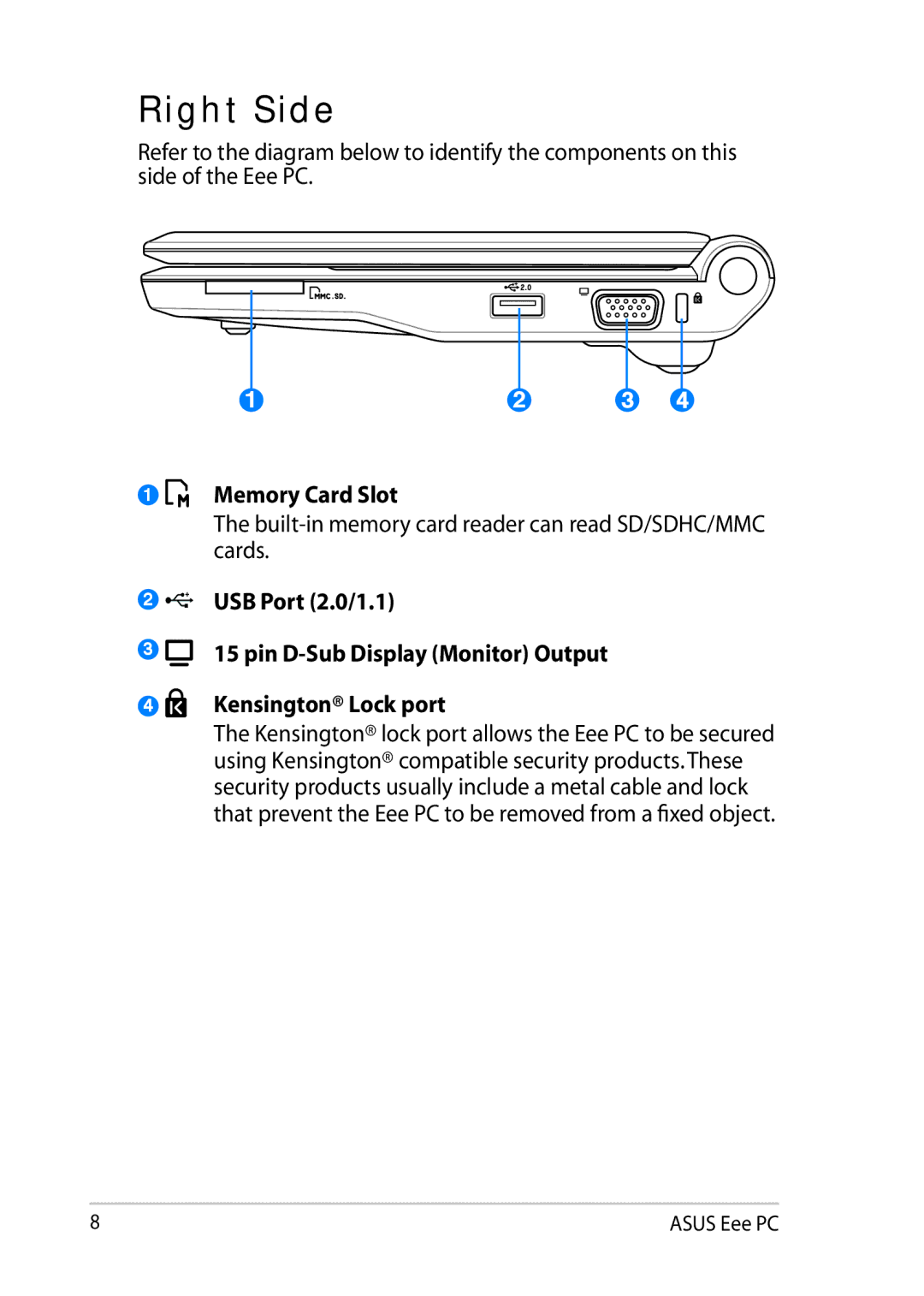 Asus 900AX user manual Right Side, Memory Card Slot, USB Port 2.0/1.1, Kensington Lock port 