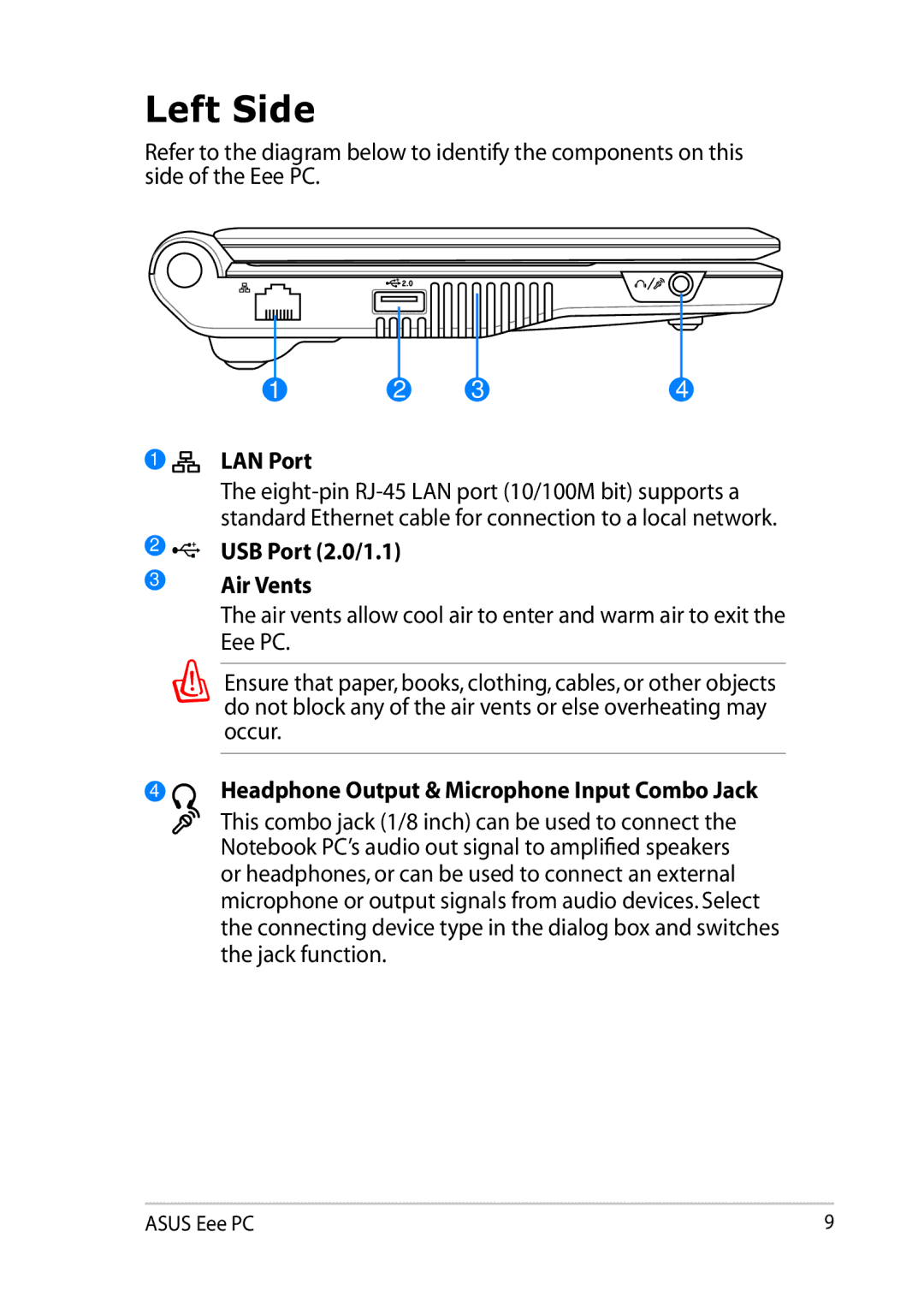 Asus 900AX user manual Left Side, LAN Port, USB Port 2.0/1.1 Air Vents, Headphone Output & Microphone Input Combo Jack 