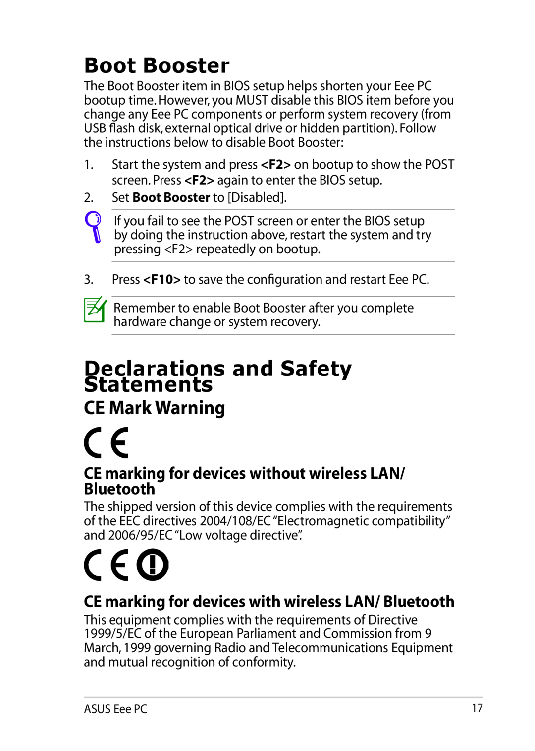 Asus 900AX user manual Boot Booster, Declarations and Safety Statements, CE Mark Warning 