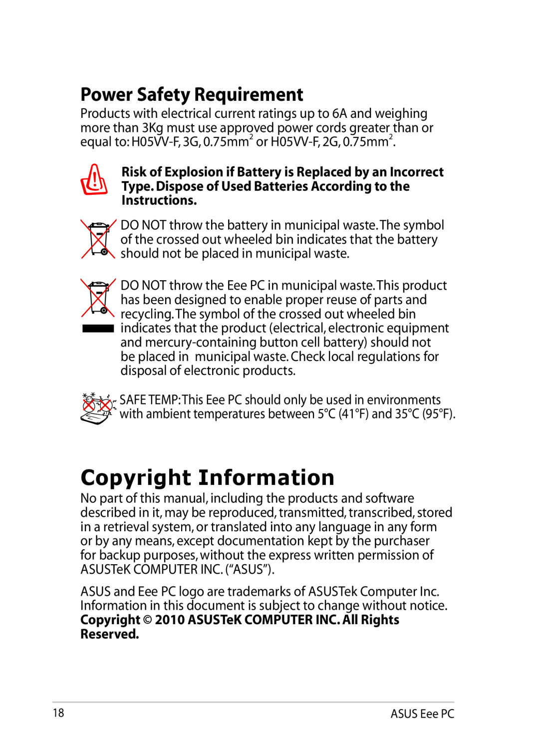 Asus 900AX Copyright Information, Power Safety Requirement, Copyright 2010 ASUSTeK COMPUTER INC. All Rights Reserved 