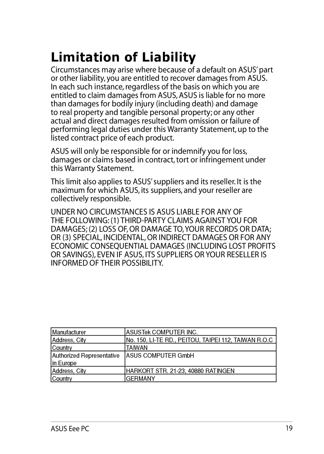 Asus 900AX user manual Limitation of Liability, Authorized Representative 