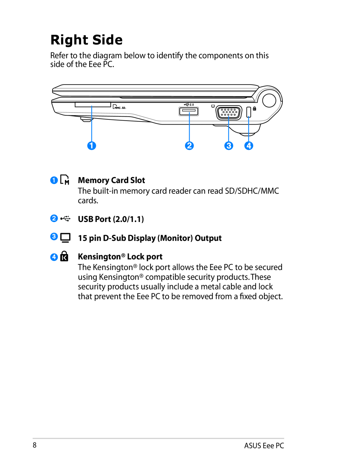 Asus 900AX user manual Right Side, Memory Card Slot, USB Port 2.0/1.1, Kensington Lock port 