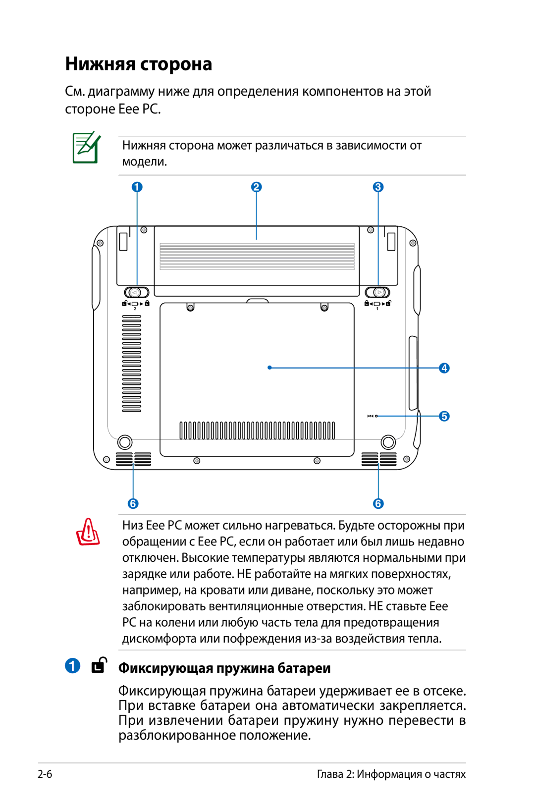 Asus 901, 1000, 904 manual Нижняя сторона, Фиксирующая пружина батареи 