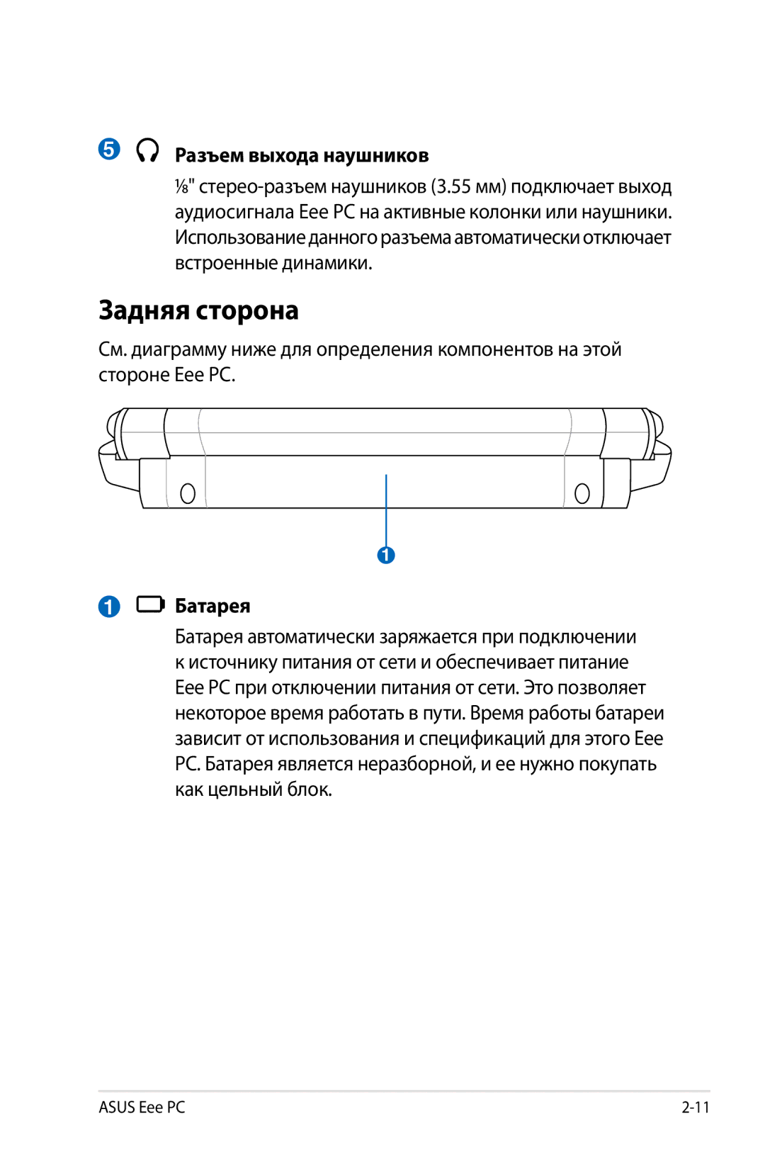 Asus 904, 901, 1000 manual Задняя сторона, Разъем выхода наушников 