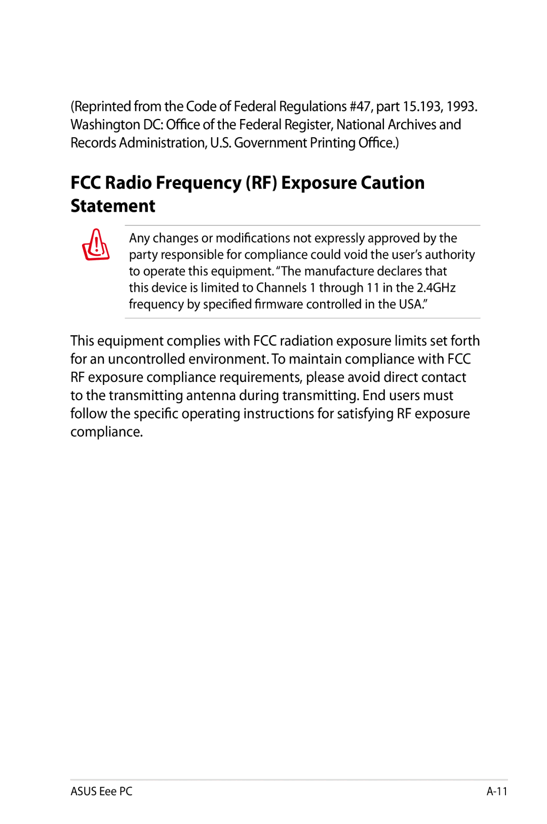 Asus 1000, 901, 904 manual FCC Radio Frequency RF Exposure Caution Statement 