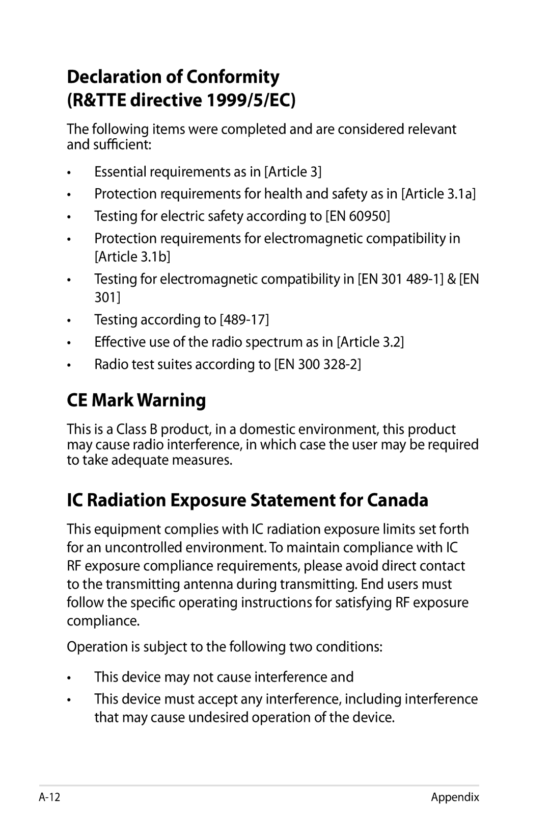 Asus 904, 901, 1000 manual CE Mark Warning, IC Radiation Exposure Statement for Canada 