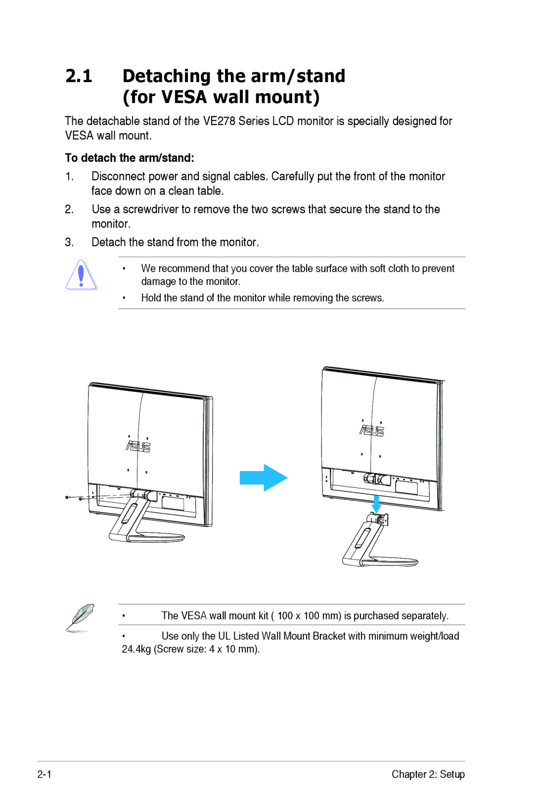 Asus 90LMB5101T010OUL manual Detaching the arm/stand for Vesa wall mount, To detach the arm/stand 