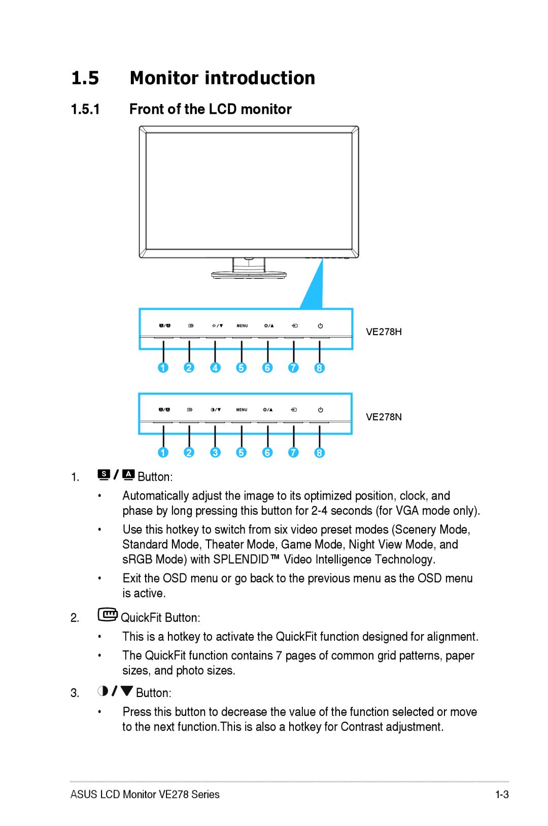 Asus 90LMB5101T010OUL manual Monitor introduction, Front of the LCD monitor, Button 