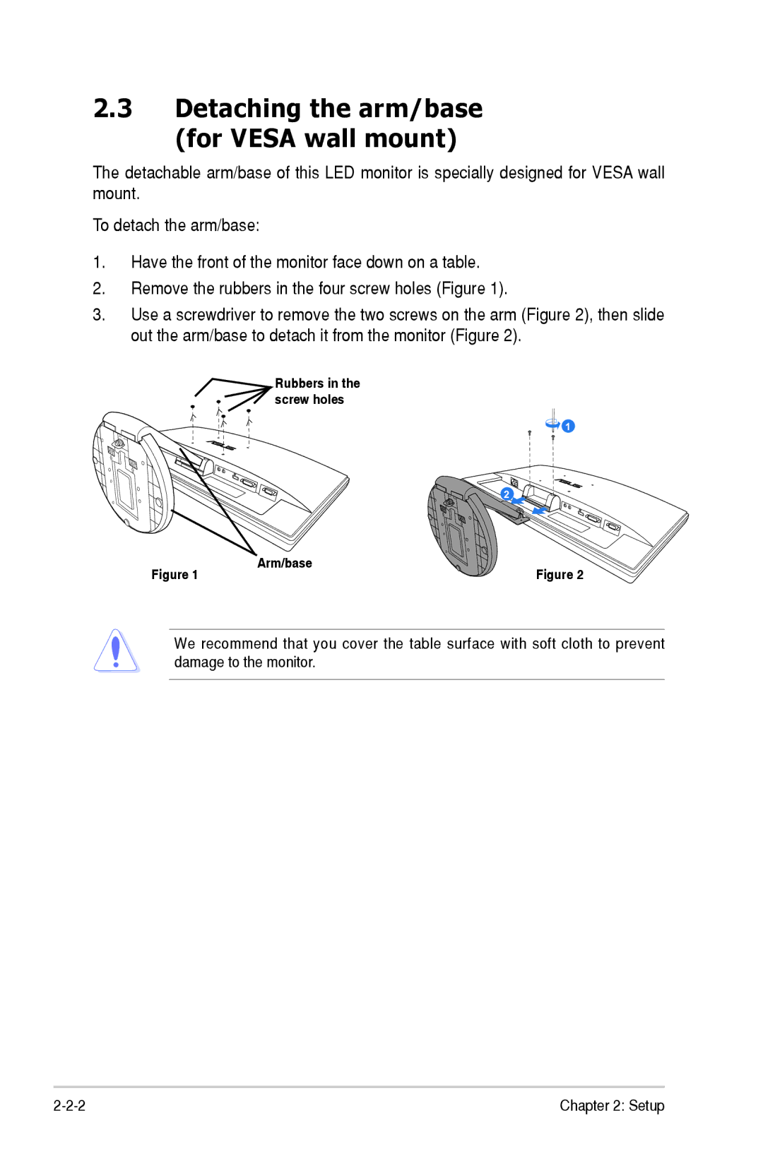 Asus 90LMC3101Q01041C manual Detaching the arm/base for Vesa wall mount 