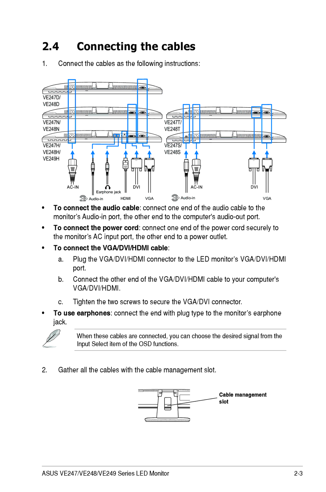 Asus 90LMC3101Q01041C manual Connecting the cables, To connect the VGA/DVI/HDMI cable 