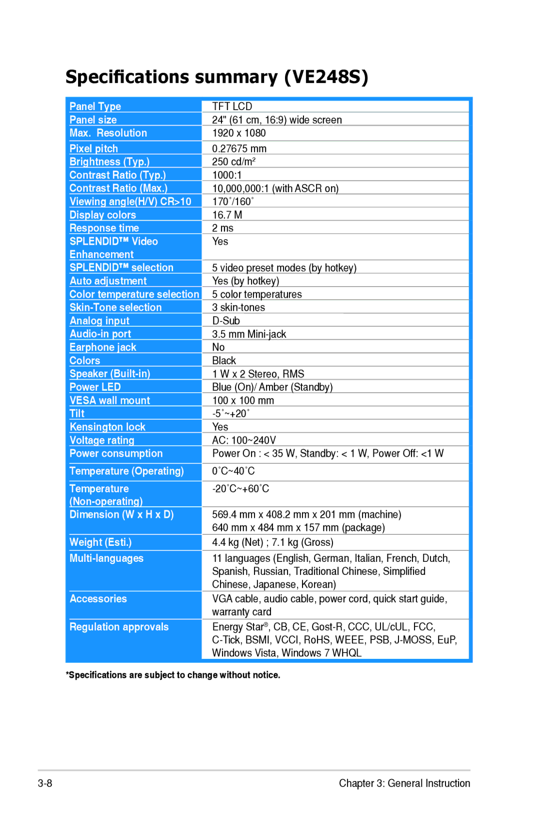 Asus 90LMC3101Q01041C manual Specifications summary VE248S 