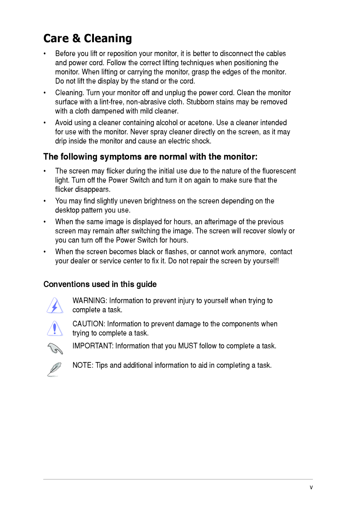 Asus 90LMC3101Q01041C manual Care & Cleaning, Following symptoms are normal with the monitor 