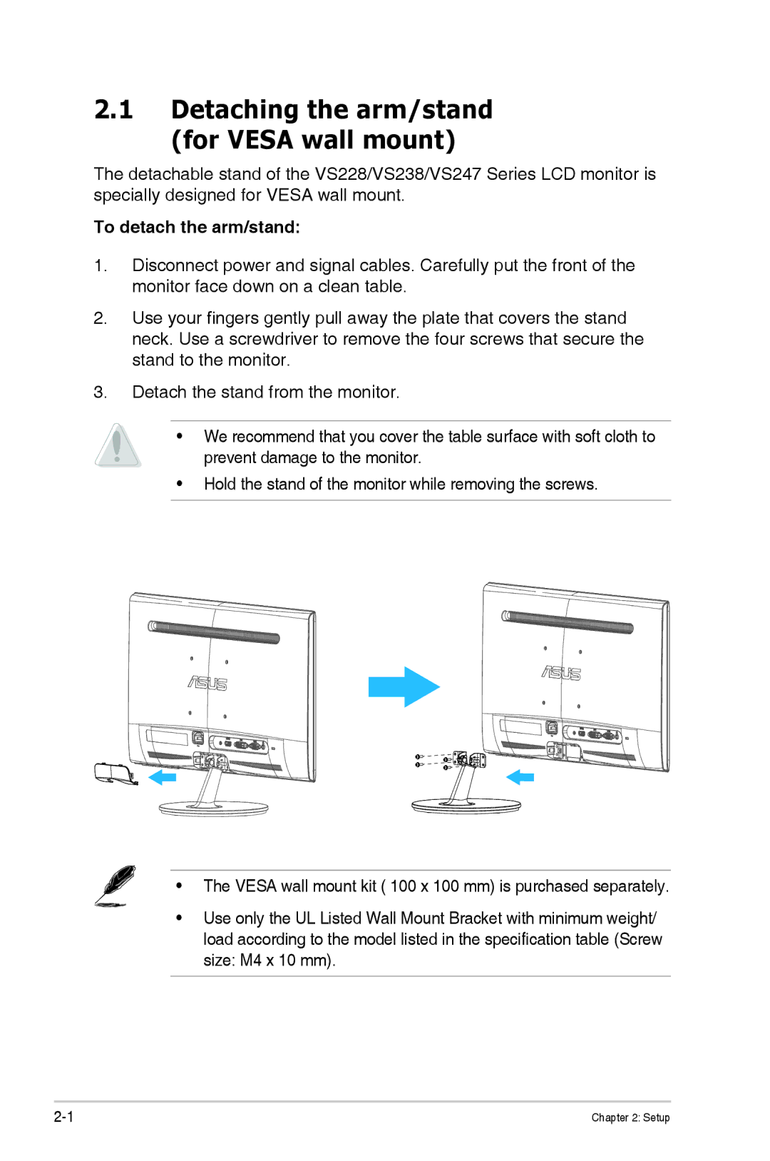 Asus 90LME1101T5004UL, VS247H-P, VS228H-P, VS247HP manual Detaching the arm/stand for Vesa wall mount, To detach the arm/stand 