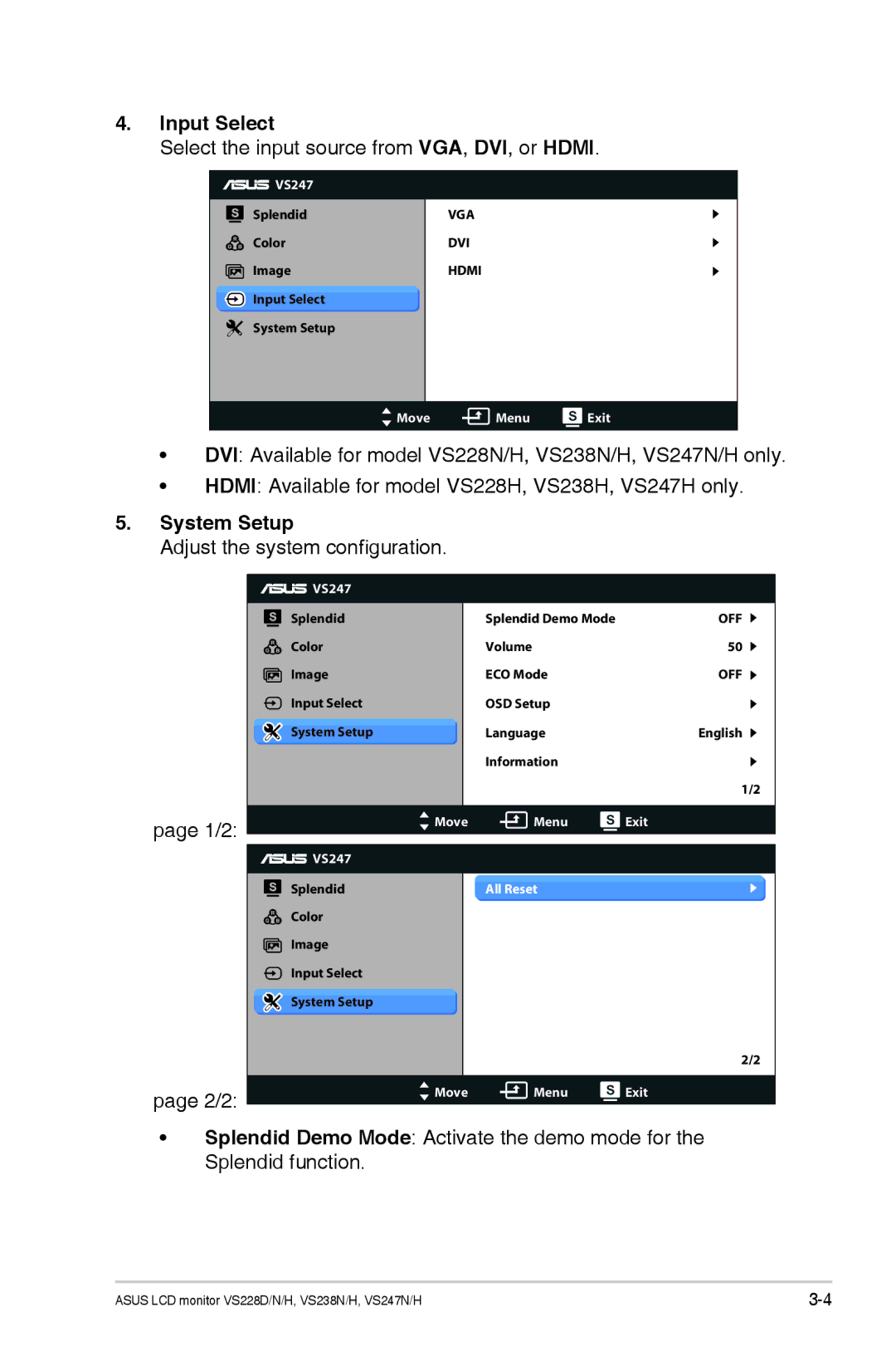 Asus VS247H-P, 90LME1101T5004UL, VS228H-P, VS247HP manual Input Select, System Setup 