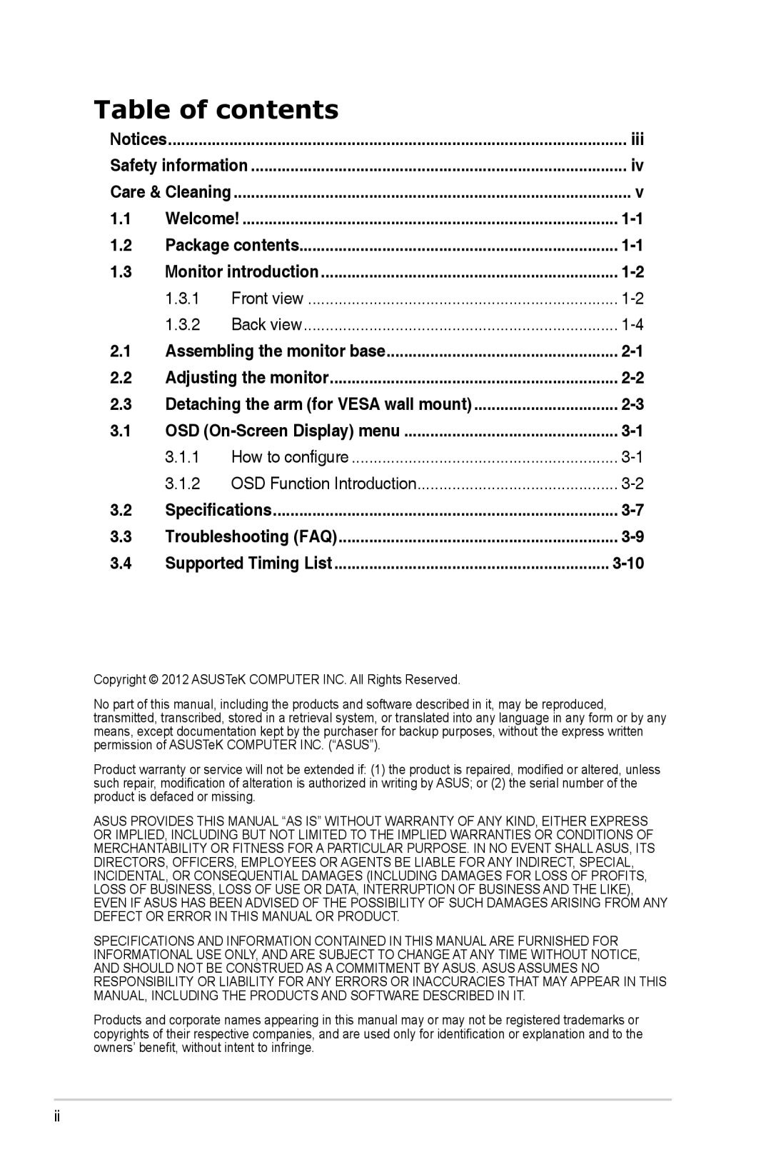 Asus VG278 Series, 90LME6001T510N1C, VG278HE manual Table of contents 