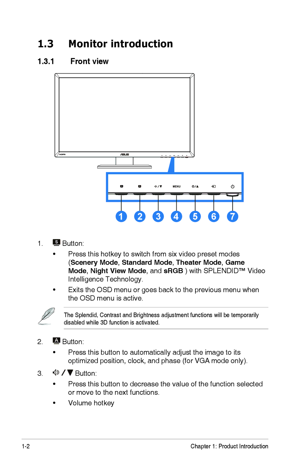 Asus VG278 Series, 90LME6001T510N1C, VG278HE manual Monitor introduction, Front view 