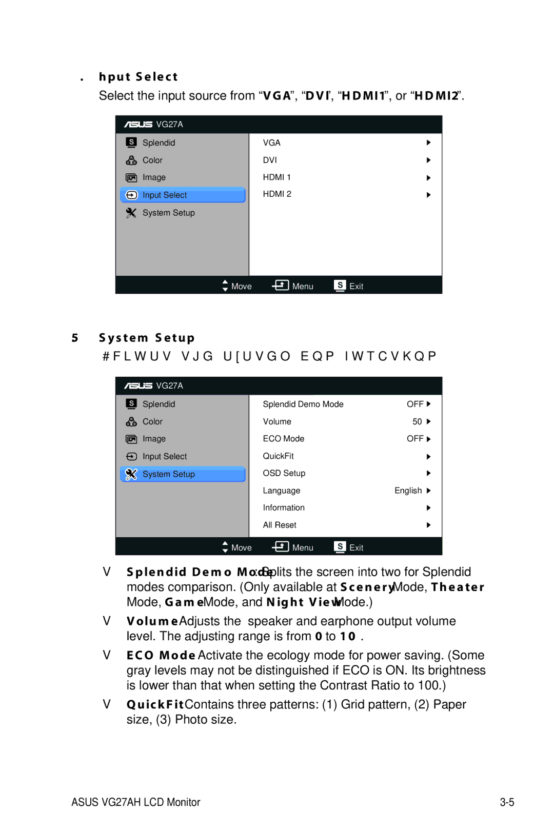 Asus VG27AH, 90LMGE001T0223UL manual Input Select, System Setup 