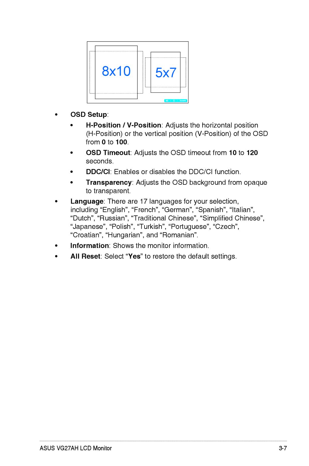 Asus VG27AH, 90LMGE001T0223UL manual 8x10 5x7, OSD Setup 