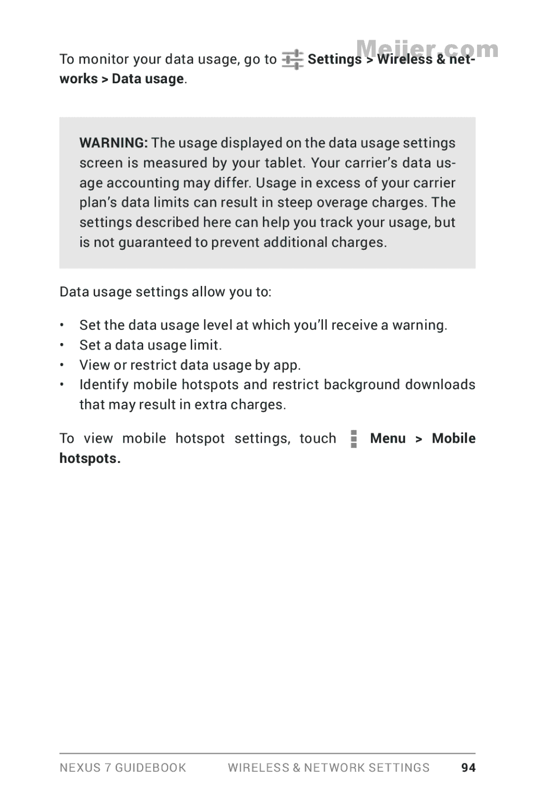 Asus 1B32-4G, 90NK0081-M00020 manual To view mobile hotspot settings, touch Menu Mobile Hotspots 