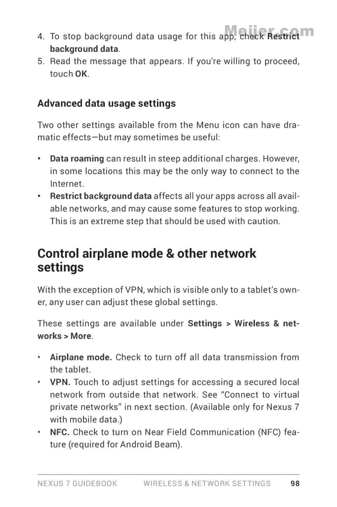 Asus 1B32-4G, 90NK0081-M00020 manual Control airplane mode & other network settings, Advanced data usage settings 