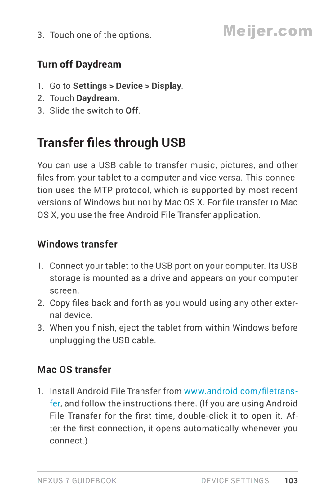 Asus 90NK0081-M00020, 1B32-4G manual Transfer files through USB, Turn off Daydream, Windows transfer, Mac OS transfer 