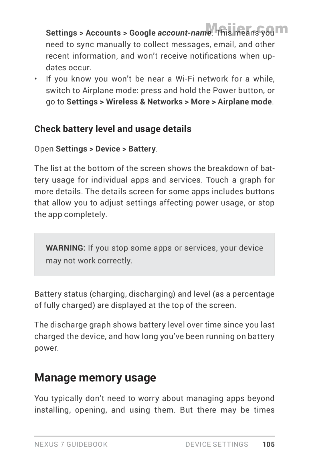 Asus 90NK0081-M00020, 1B32-4G Manage memory usage, Check battery level and usage details, Open Settings Device Battery 