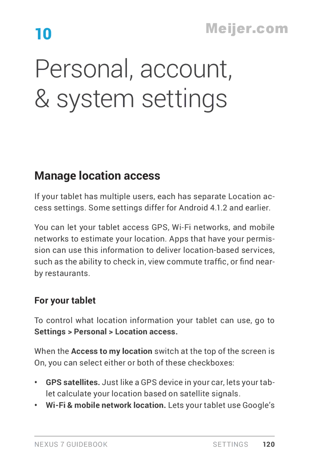 Asus 1B32-4G, 90NK0081-M00020 manual Manage location access, For your tablet, Settings Personal Location access 