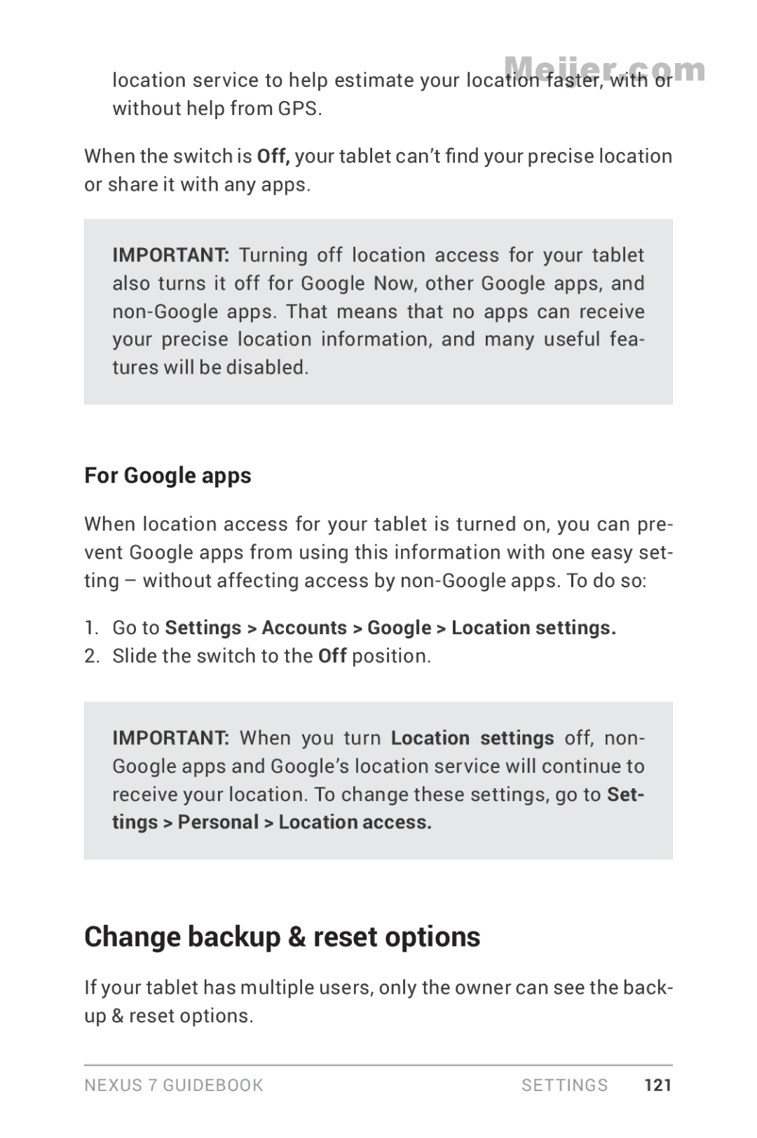 Asus 90NK0081-M00020 Change backup & reset options, For Google apps, Go to Settings Accounts Google Location settings 