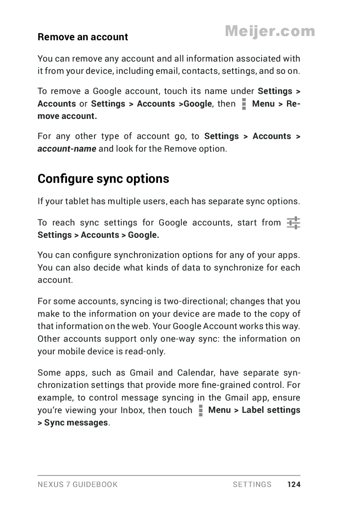 Asus 1B32-4G, 90NK0081-M00020 manual Configure sync options, Remove an account, Settings Accounts Google 