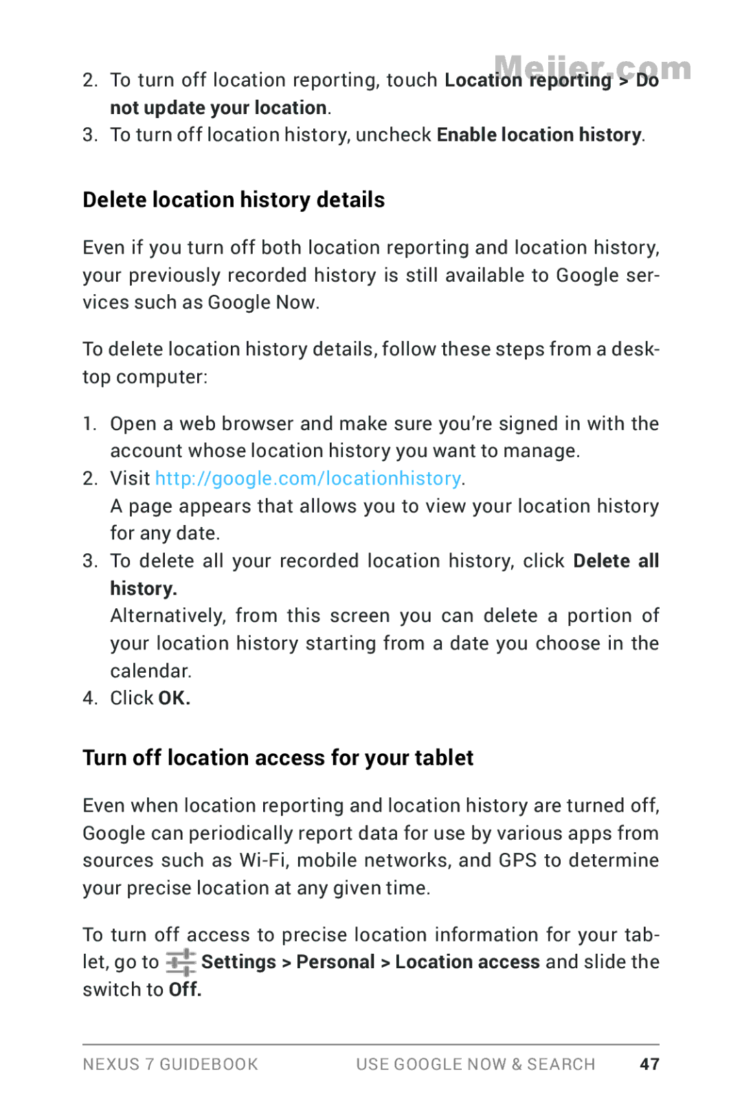 Asus 90NK0081-M00020, 1B32-4G manual Delete location history details, Turn off location access for your tablet 