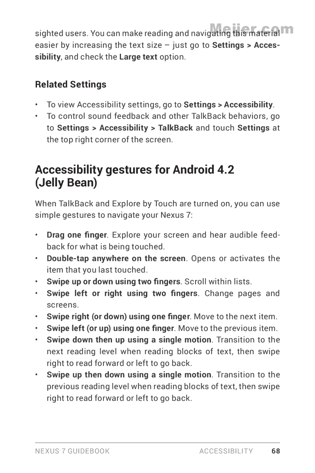 Asus 1B32-4G, 90NK0081-M00020 manual Accessibility gestures for Android 4.2 Jelly Bean, Related Settings 