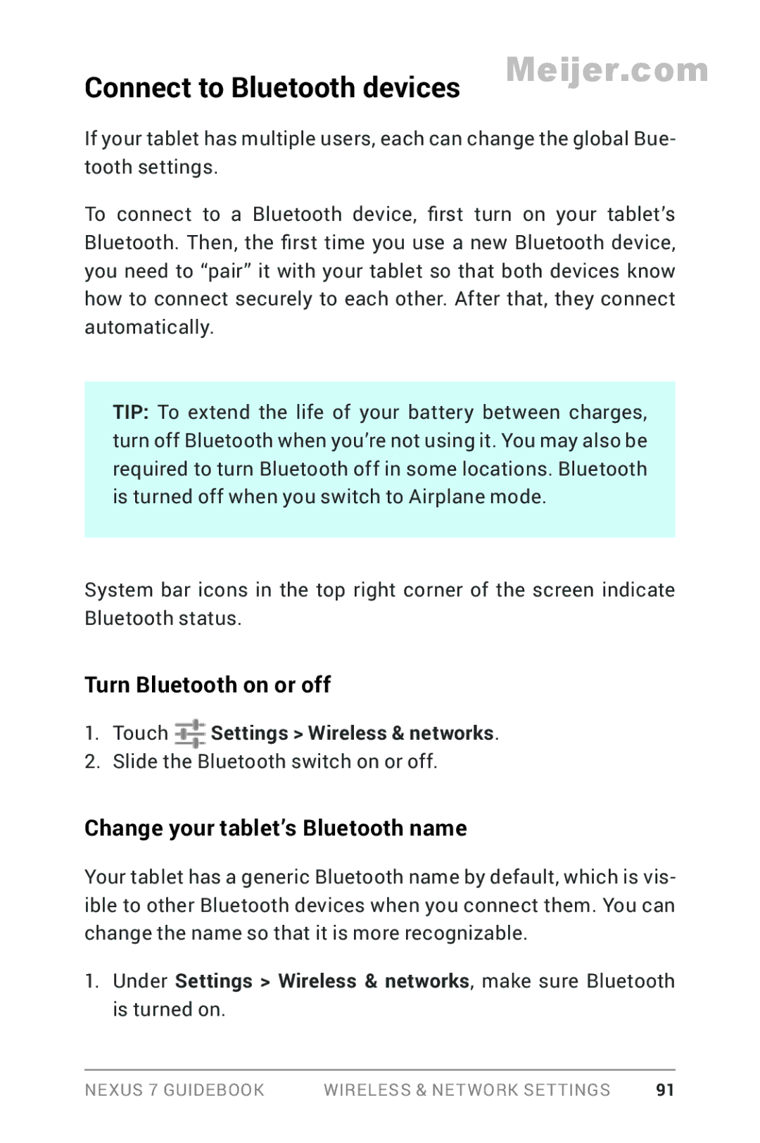 Asus 90NK0081-M00020, 1B32-4G Connect to Bluetooth devices, Turn Bluetooth on or off, Change your tablet’s Bluetooth name 