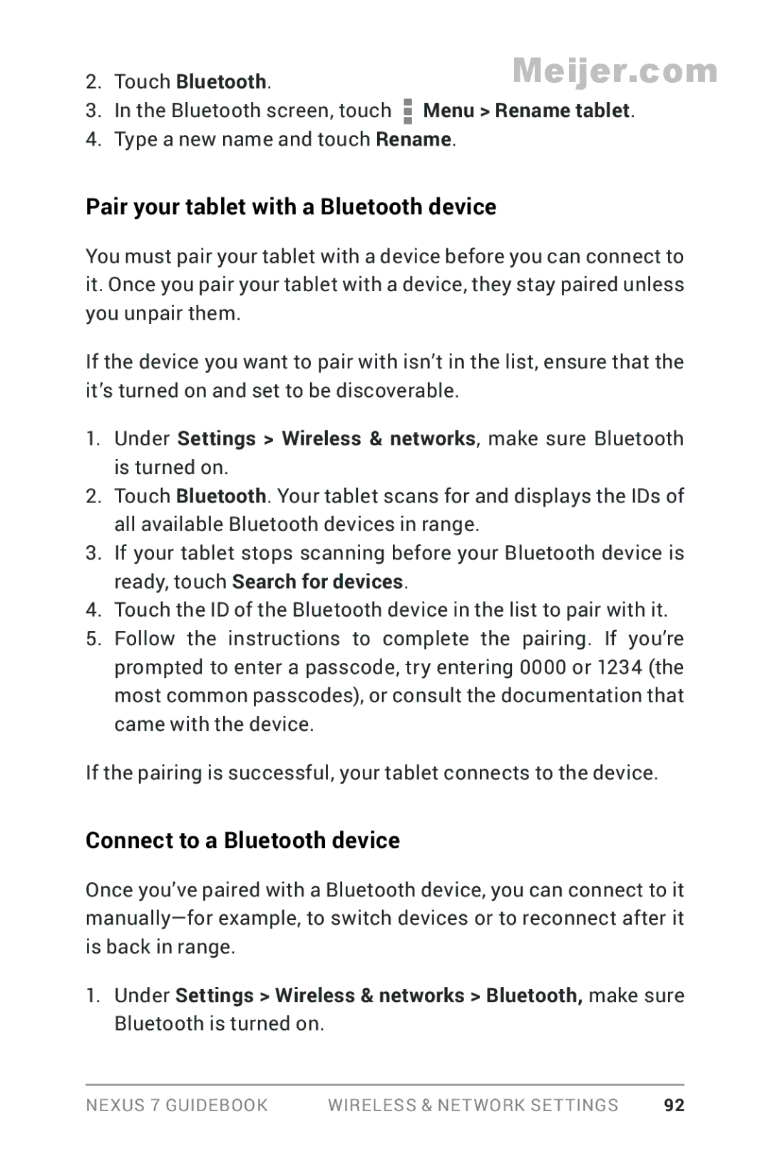 Asus 1B32-4G Pair your tablet with a Bluetooth device, Connect to a Bluetooth device, Touch Bluetooth, Menu Rename tablet 