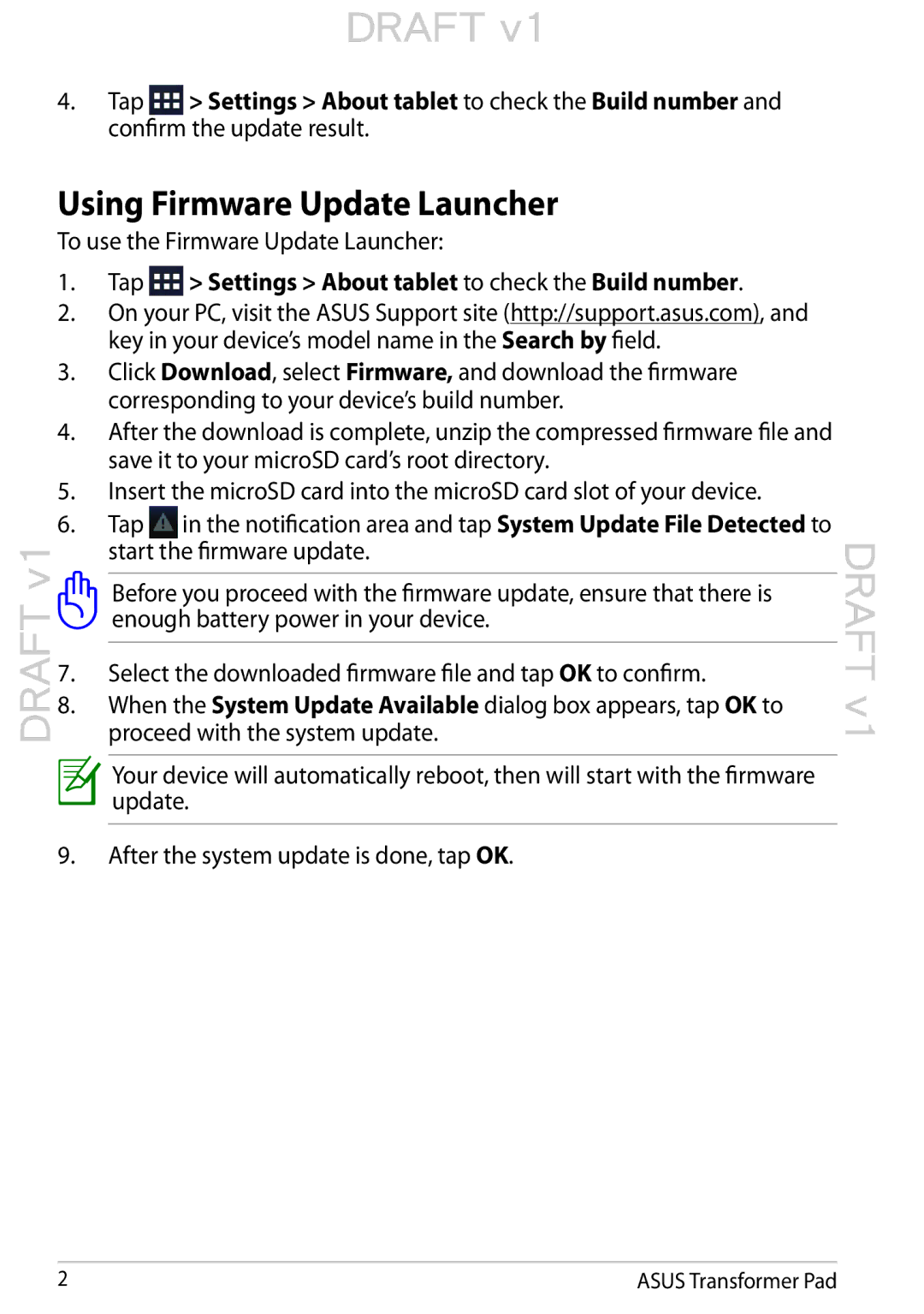 Asus TF300TDOCKBL, 90OK0GB4102400W Using Firmware Update Launcher, Tap Settings About tablet to check the Build number 