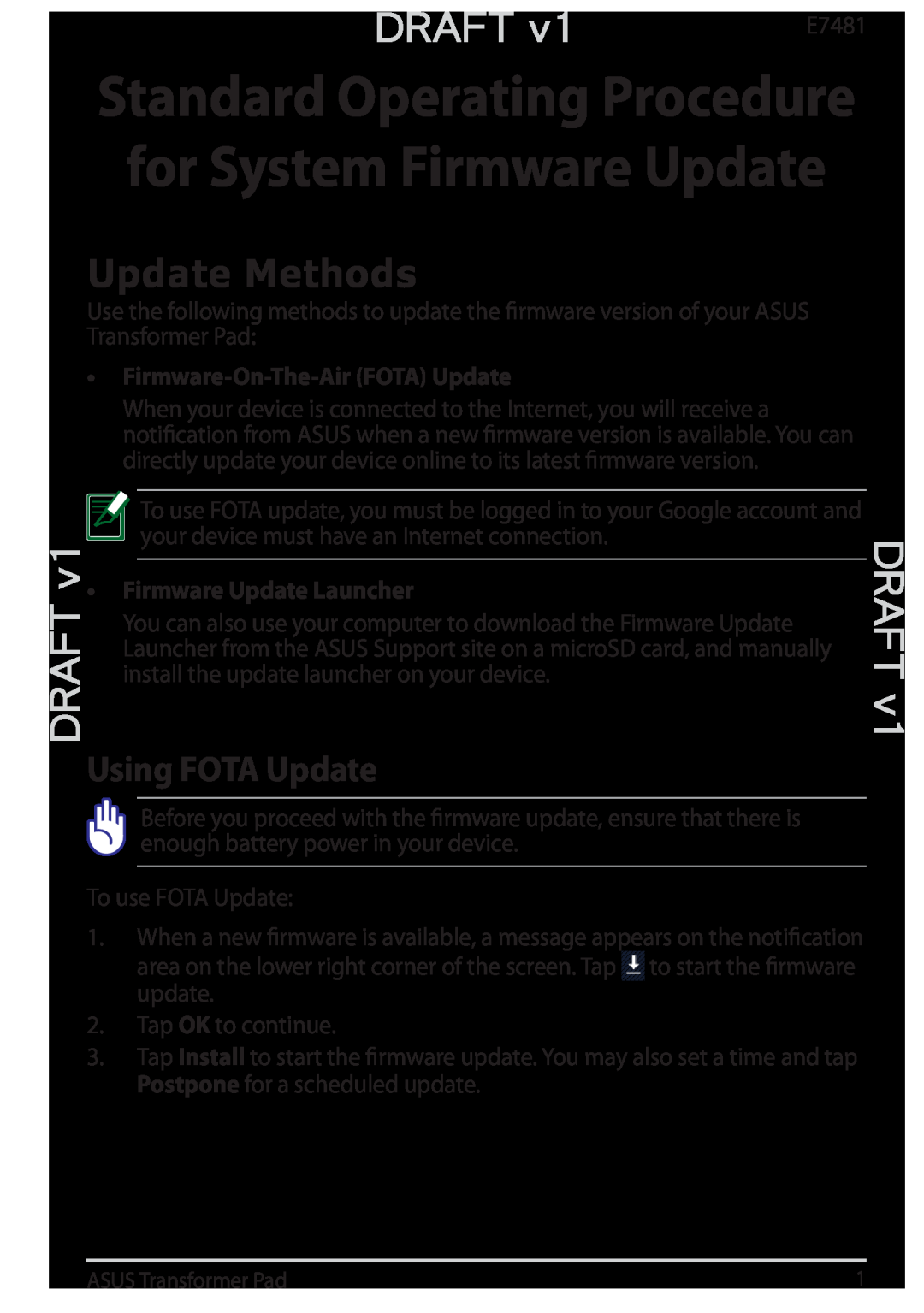 Asus T300LAXH71T, TF300TDOCKBL manual Draft, Using FOTA Update, Firmware-On-The-Air FOTA Update, Firmware Update Launcher 