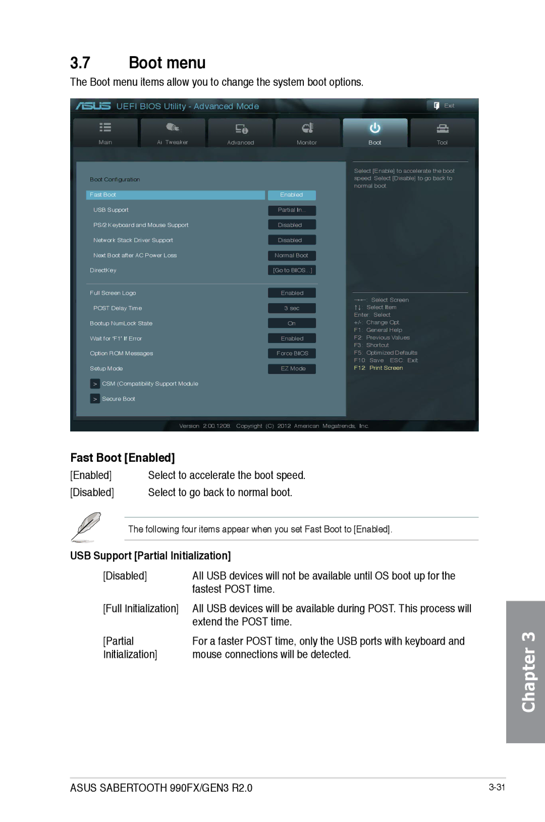 Asus SABERTOOTH 990FX/GEN3 R2, 990FX R20, 990FXGEN3 manual Boot menu, Fast Boot Enabled, USB Support Partial Initialization 