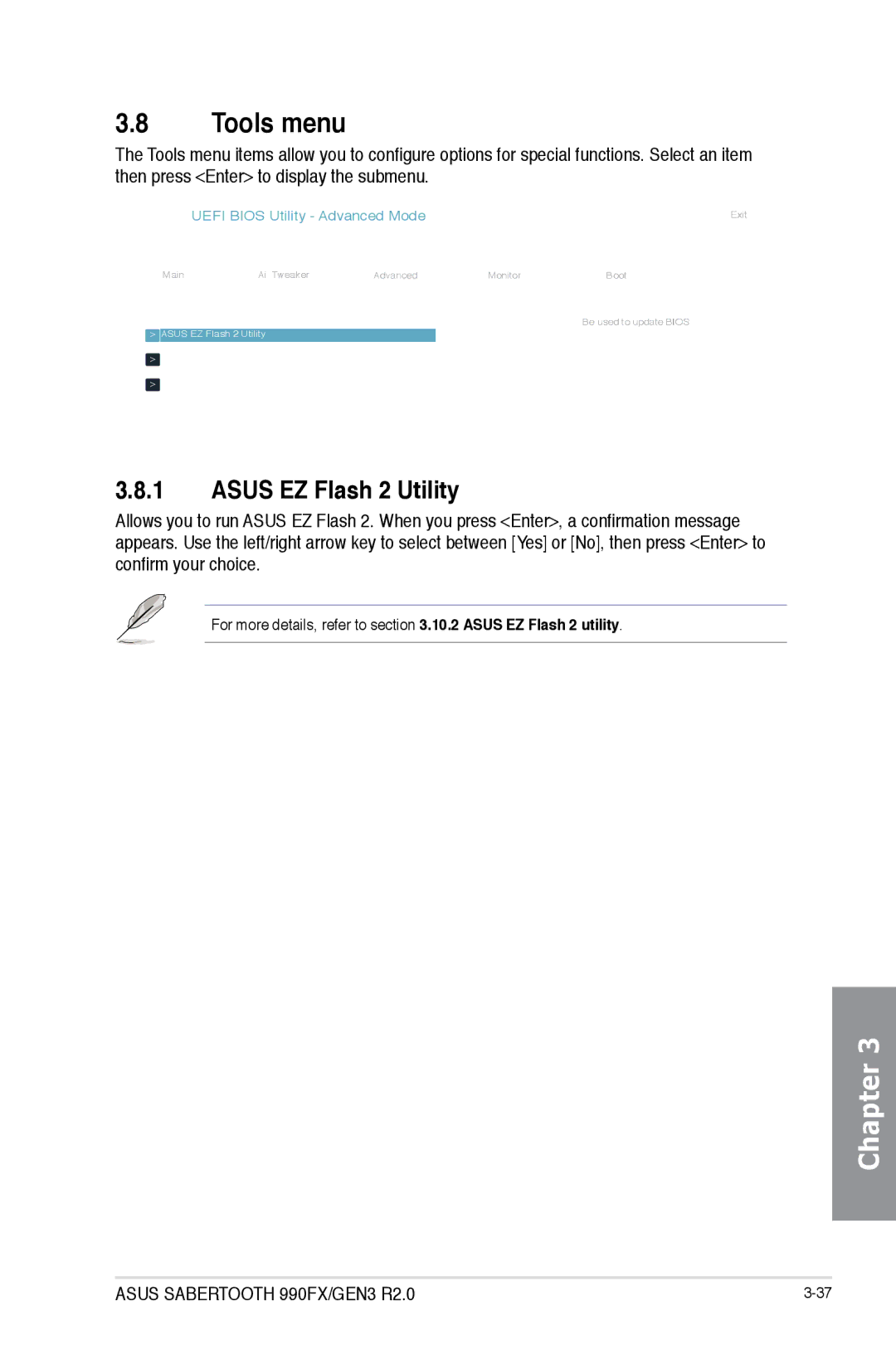 Asus 990FX R20, SABERTOOTH 990FX/GEN3 R2, SABERTOOTH990FXGEN3 manual Tools menu, Asus EZ Flash 2 Utility 