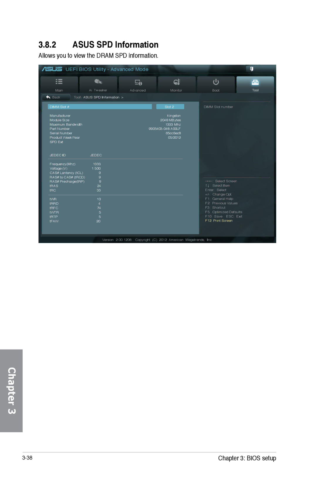 Asus 990FX R20, SABERTOOTH 990FX/GEN3 R2, 990FXGEN3 manual Asus SPD Information, Allows you to view the Dram SPD information 