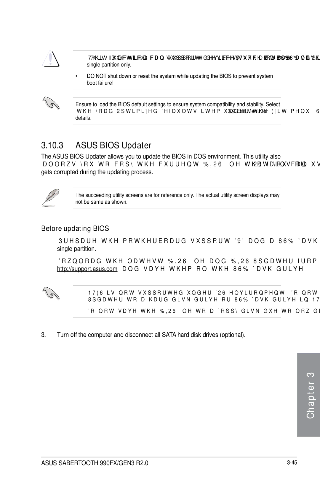 Asus 990FX R20, SABERTOOTH 990FX/GEN3 R2, SABERTOOTH990FXGEN3 manual Asus Bios Updater, Before updating Bios 