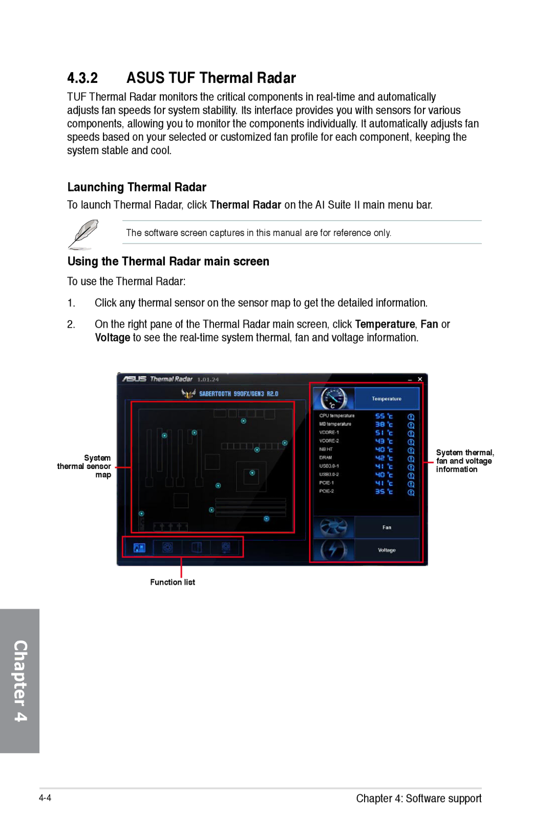 Asus SABERTOOTH990FXGEN3, 990FX R20 Asus TUF Thermal Radar, Launching Thermal Radar, Using the Thermal Radar main screen 