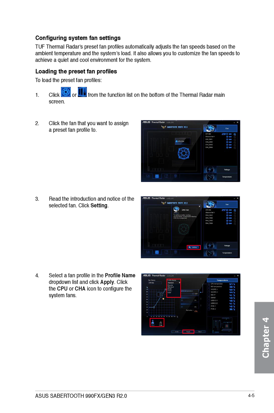 Asus 990FXGEN3, 990FX R20, SABERTOOTH 990FX/GEN3 R2 manual Configuring system fan settings, Loading the preset fan profiles 