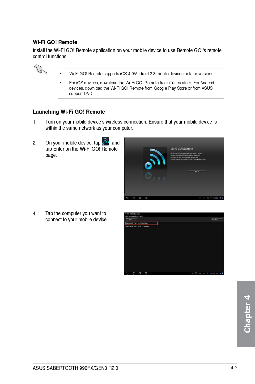 Asus 990FX R20, SABERTOOTH 990FX/GEN3 R2, SABERTOOTH990FXGEN3 manual Launching Wi-Fi GO! Remote 