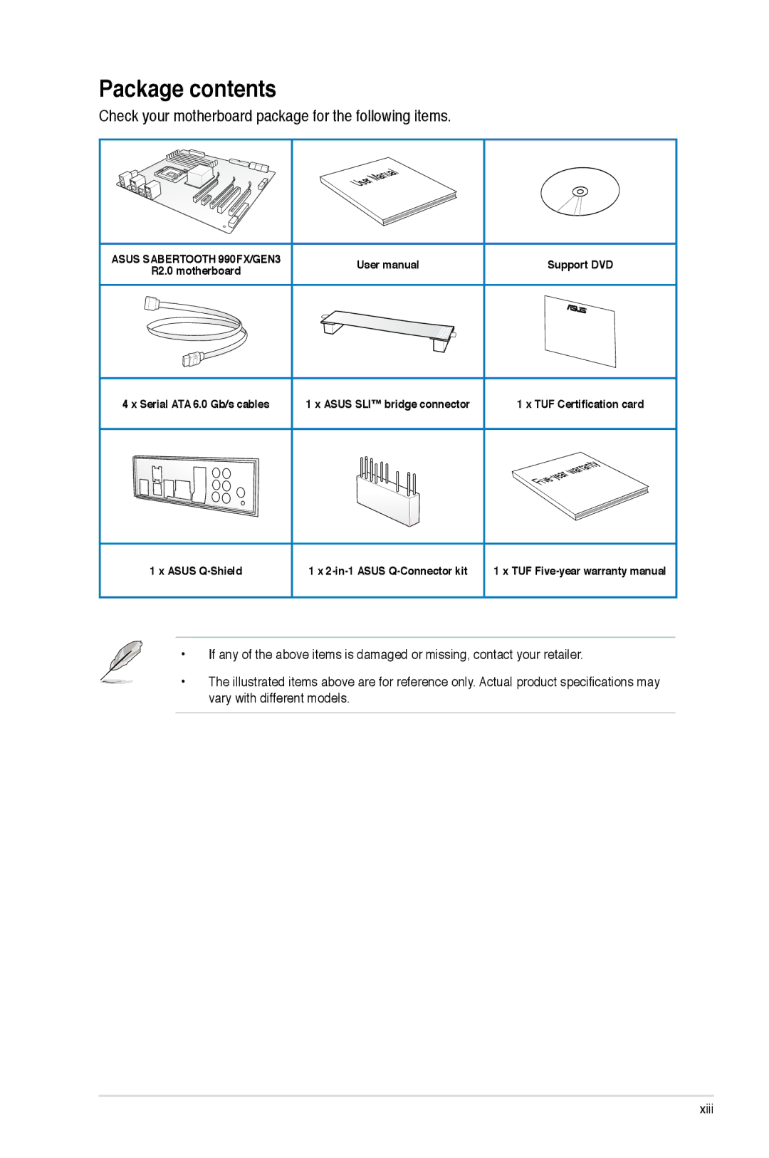 Asus SABERTOOTH 990FX/GEN3 R2, 990FX R20, SABERTOOTH990FXGEN3 manual Package contents 