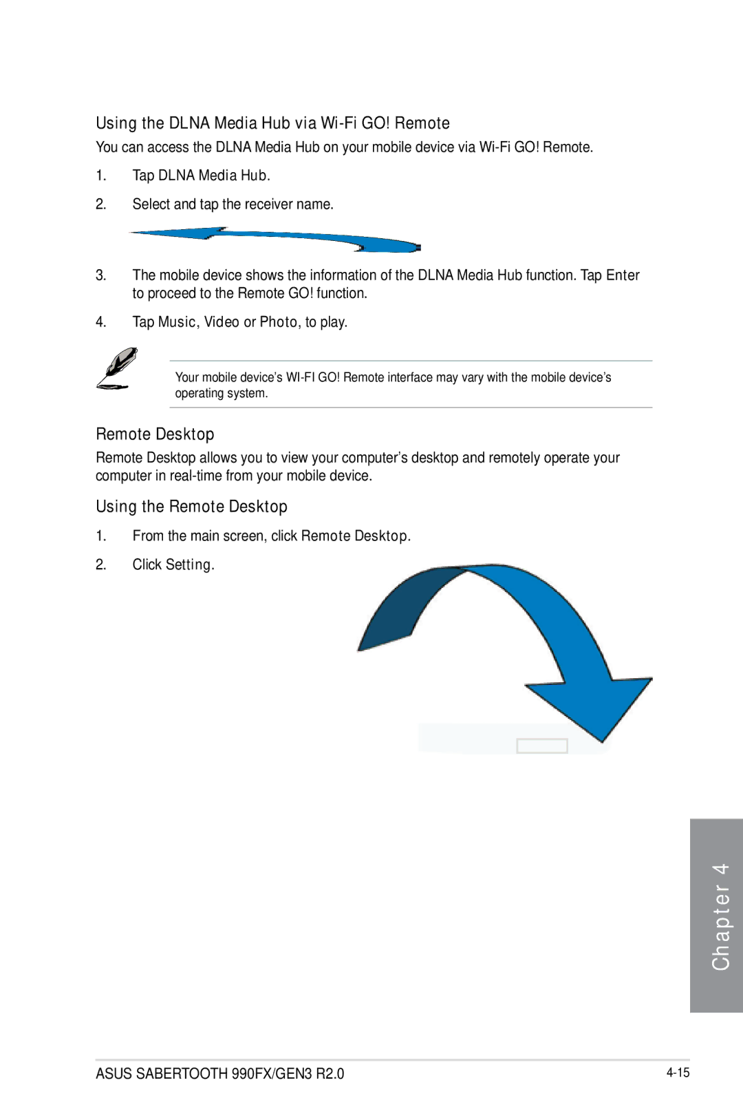 Asus SABERTOOTH 990FX/GEN3 R2, 990FX R20 manual Using the Dlna Media Hub via Wi-Fi GO! Remote, Using the Remote Desktop 