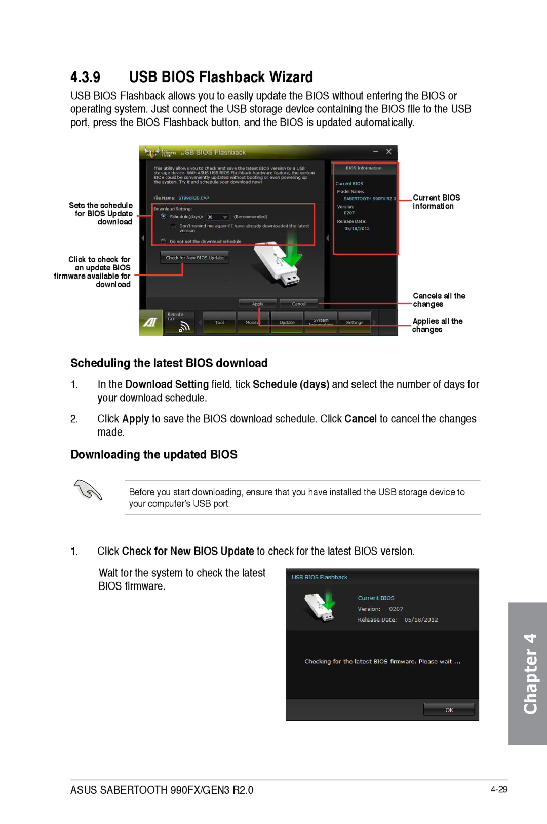 Asus 990FXGEN3, 990FX R20 USB Bios Flashback Wizard, Scheduling the latest Bios download, Downloading the updated Bios 